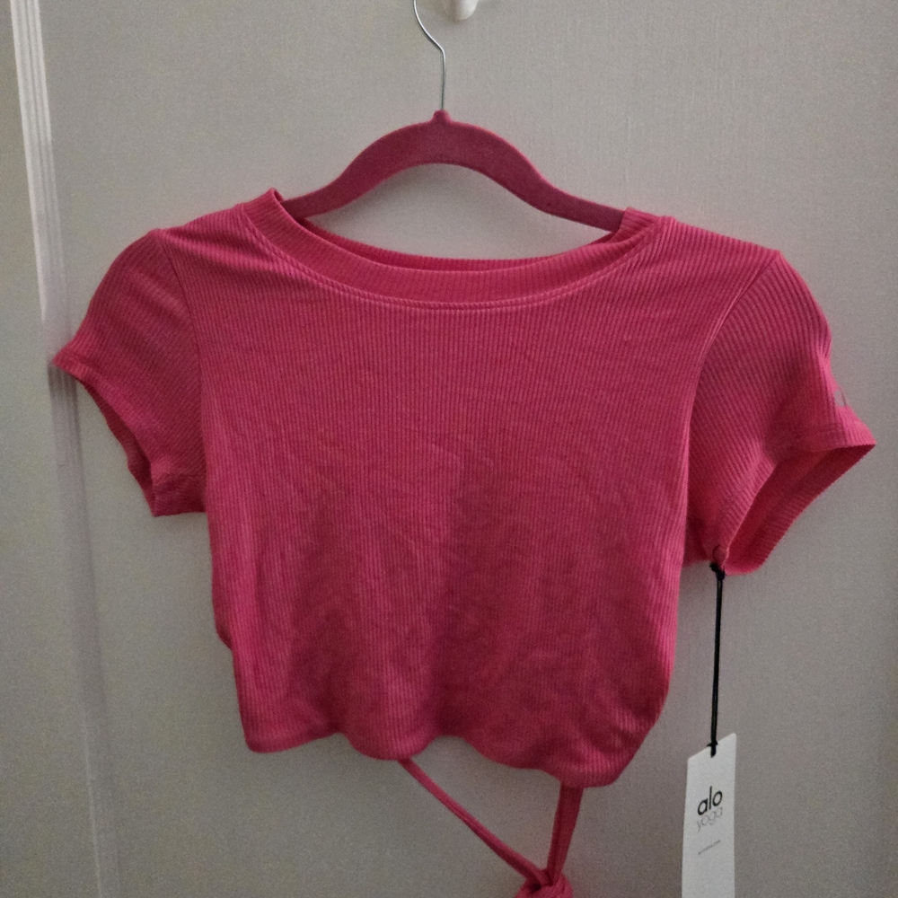 ALO Yoga Manifest Pink Ribbed Wrap Crop Top